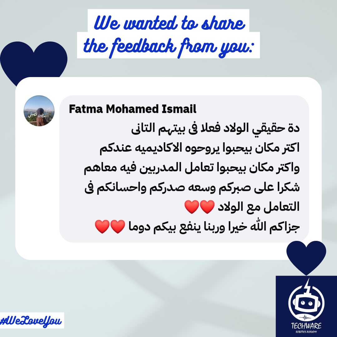 Fatma Mohamed Ismail
                دة حقيقي الولاد فعلا فى بيتهم التانى
                اكتر مكان بيحبوا يروحوه الاكاديميه عندكم
                واكتر مكان بيحبوا تعامل المدربين فيه معاهم
                شكرا على صبركم وسعه صدركم واحسانكم فى التعامل مع الولاد ❤️❤️
                جزاكم الله خيرا وربنا ينفع بيكم دوما ❤️❤️